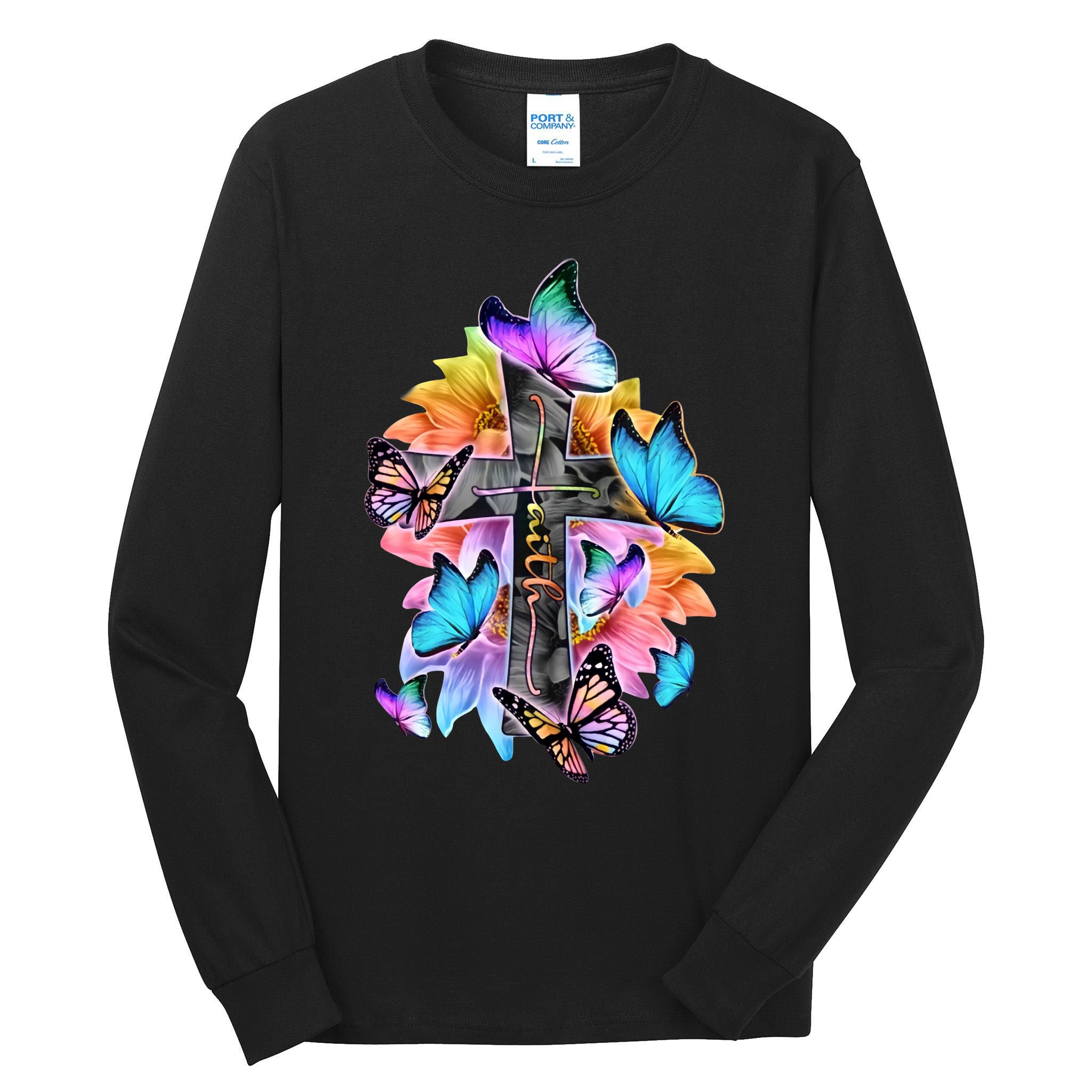 Faith Cross Butterfly With Flowers Tall Long Sleeve T-Shirt
