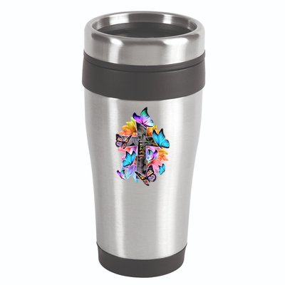 Faith Cross Butterfly With Flowers 16oz Travel Tumbler