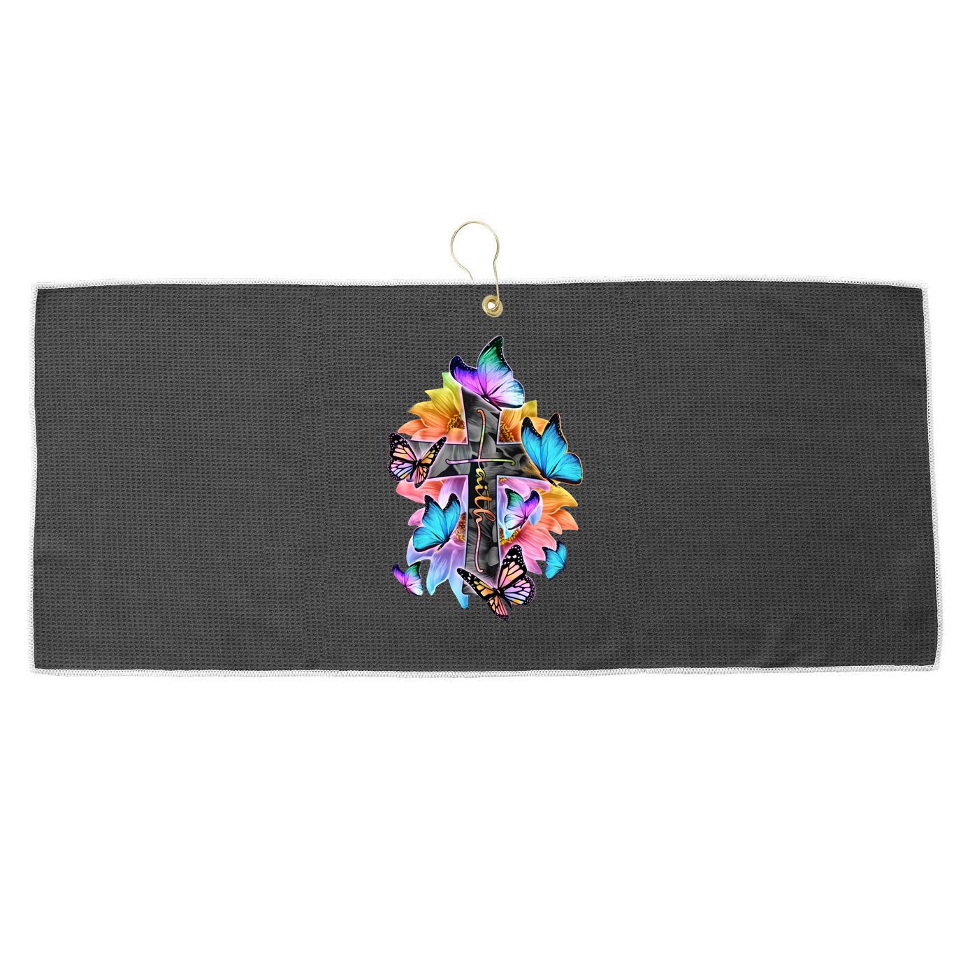 Faith Cross Butterfly With Flowers Large Microfiber Waffle Golf Towel