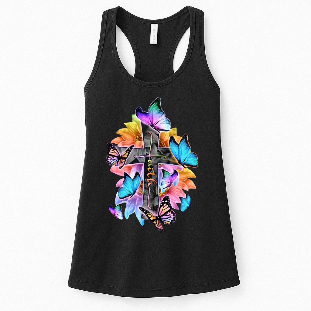 Faith Cross Butterfly With Flowers Womens Tank Top