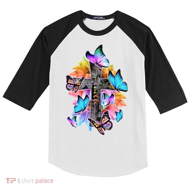Faith Cross Butterfly With Flowers Kids Colorblock Raglan Jersey
