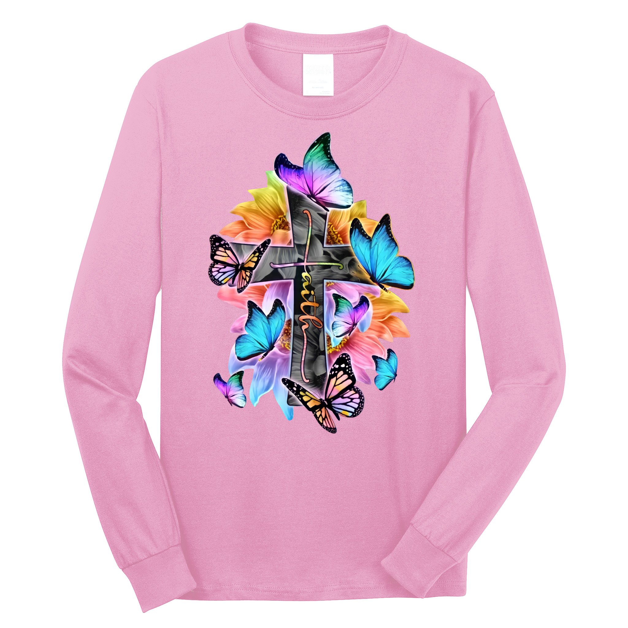 Faith Cross Butterfly With Flowers Long Sleeve Shirt