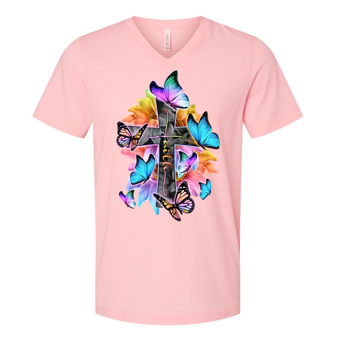 Faith Cross Butterfly With Flowers V-Neck T-Shirt