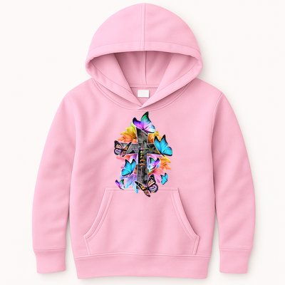 Faith Cross Butterfly With Flowers Kids Hoodie