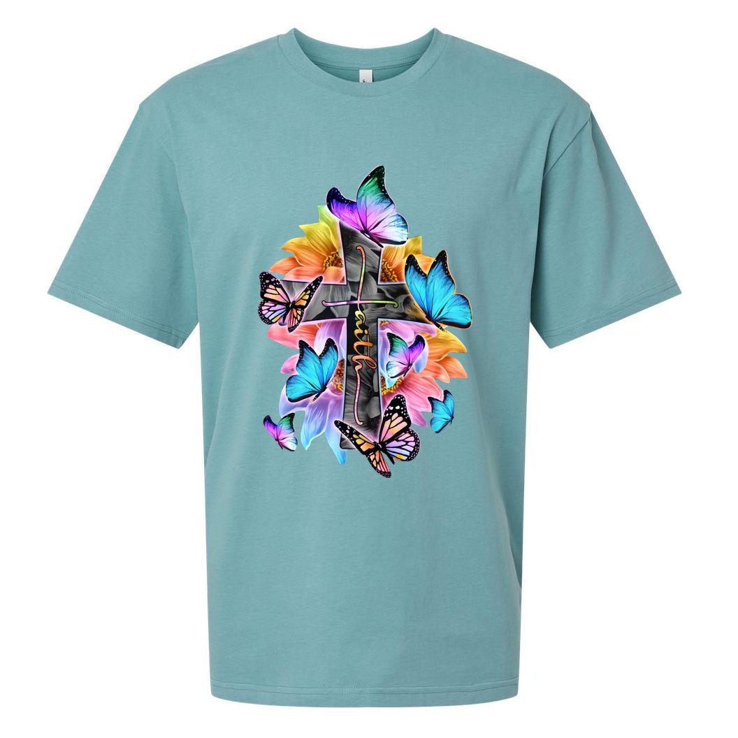 Faith Cross Butterfly With Flowers Sueded Cloud Jersey T-Shirt