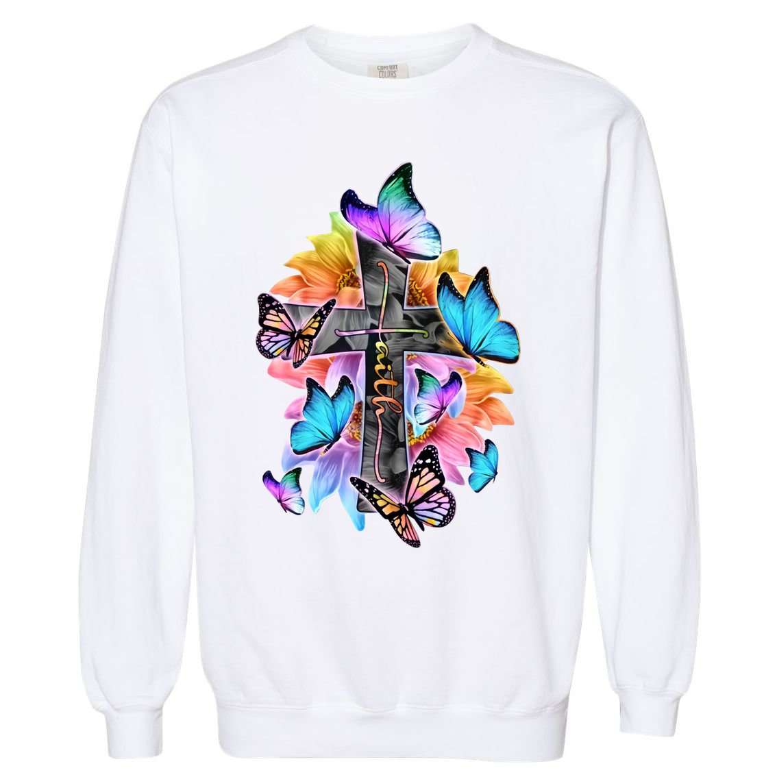 Faith Cross Butterfly With Flowers Garment-Dyed Sweatshirt
