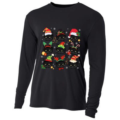 Funny Cute Black Cat Faces Santa Hat Merry Christmas Lights Gift Cooling Performance Long Sleeve Crew
