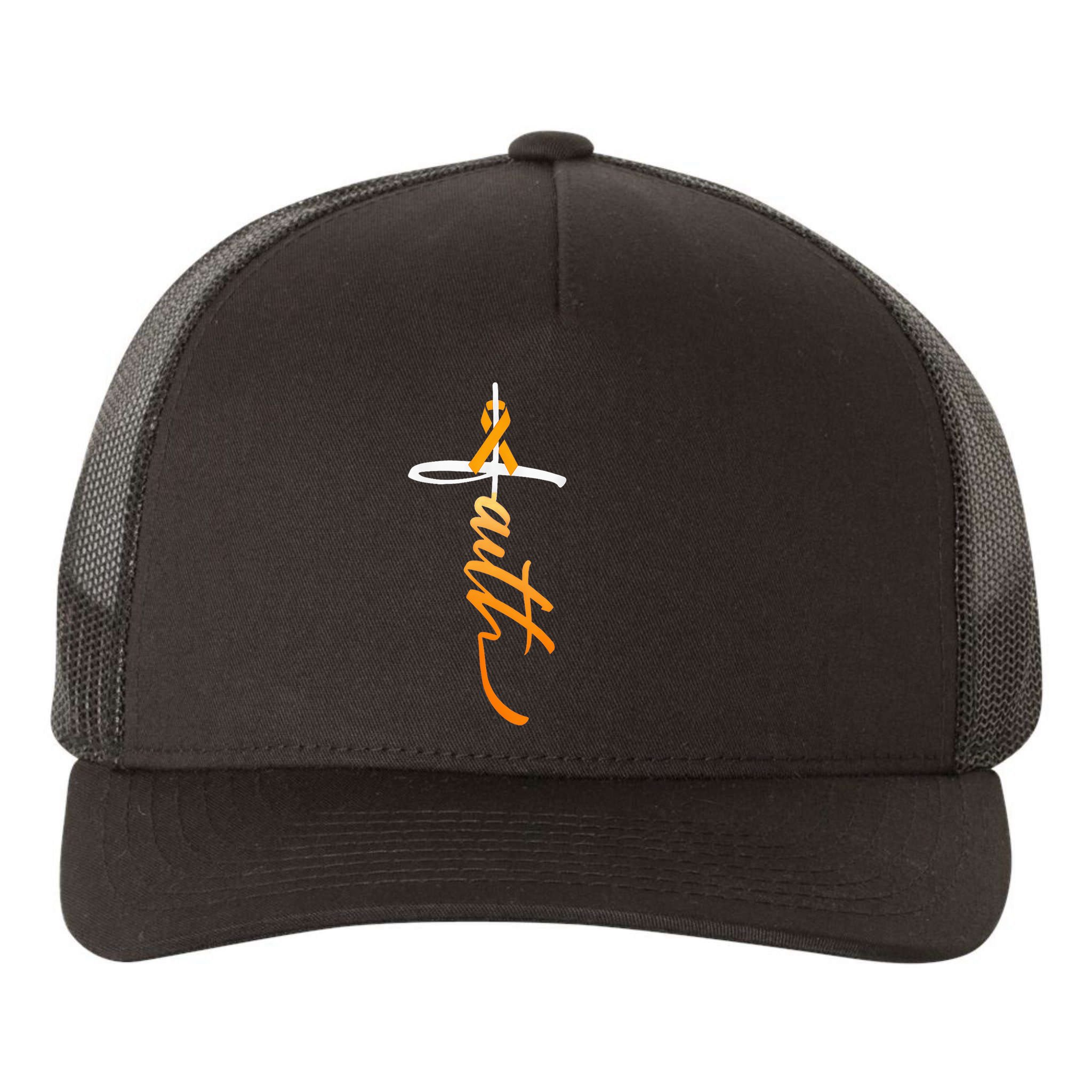Faith Christian Cross Orange Ribbon MS Awareness Yupoong Adult 5-Panel Trucker Hat