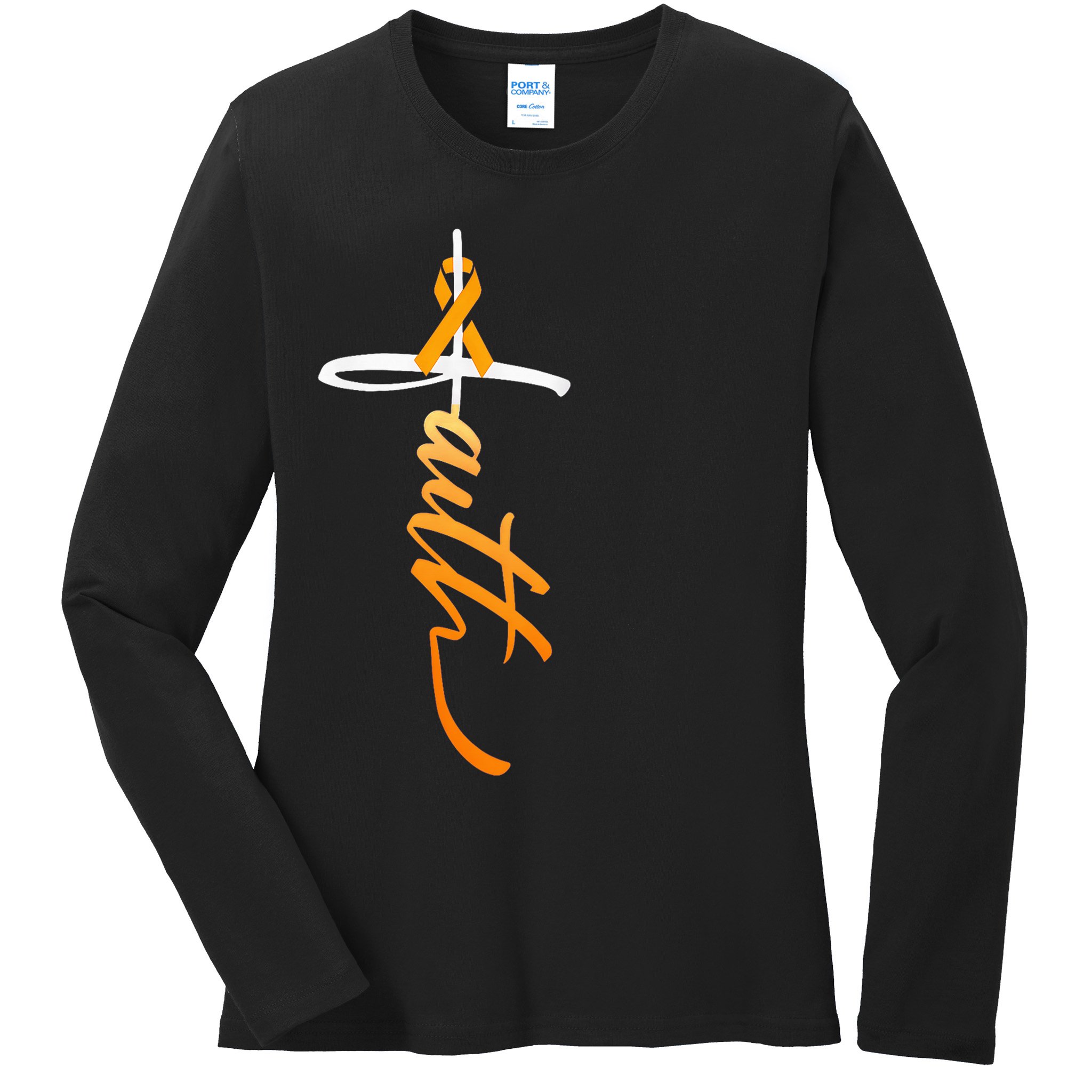 Faith Christian Cross Orange Ribbon MS Awareness Ladies Long Sleeve Shirt