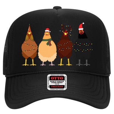 Funny Chicken Christmas Lights Santa Hat Cute Chicken Lover High Crown Mesh Back Trucker Hat