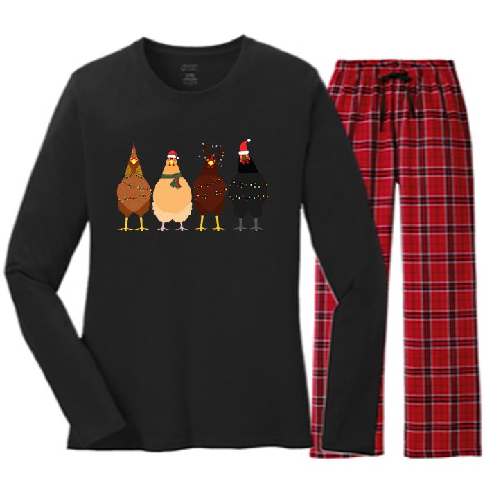 Funny Chicken Christmas Lights Santa Hat Cute Chicken Lover Women's Long Sleeve Flannel Pajama Set 