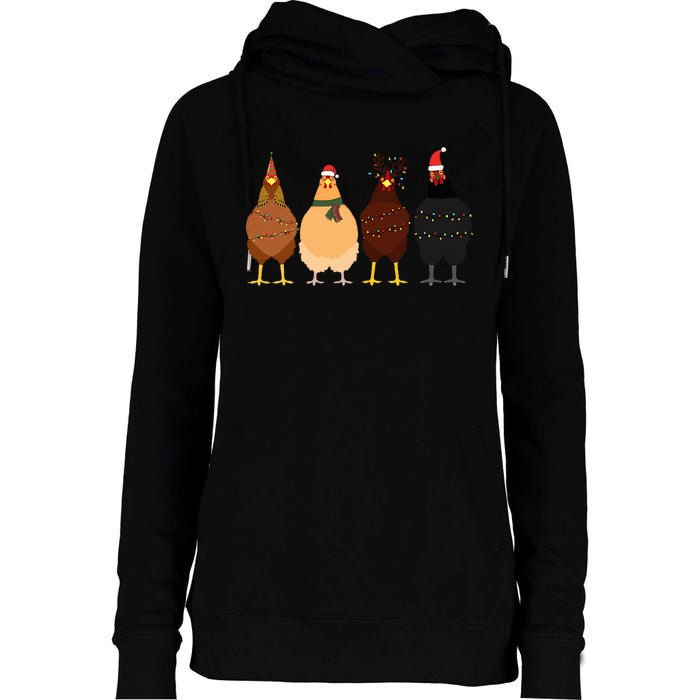 Funny Chicken Christmas Lights Santa Hat Cute Chicken Lover Womens Funnel Neck Pullover Hood