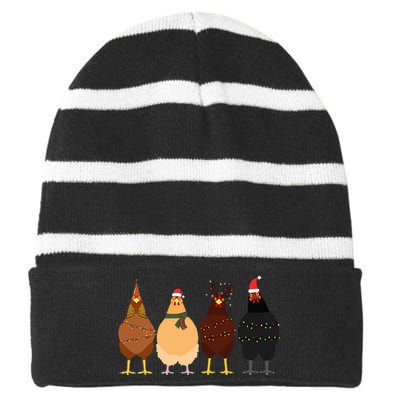 Funny Chicken Christmas Lights Santa Hat Cute Chicken Lover Striped Beanie with Solid Band