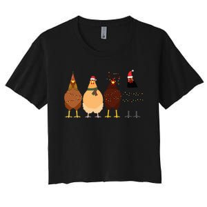 Funny Chicken Christmas Lights Santa Hat Cute Chicken Lover Women's Crop Top Tee