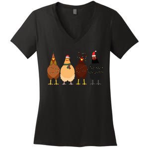 Funny Chicken Christmas Lights Santa Hat Cute Chicken Lover Women's V-Neck T-Shirt