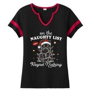 Funny Christmas Cat On The Naughty List And I Regret Nothing Ladies Halftime Notch Neck Tee