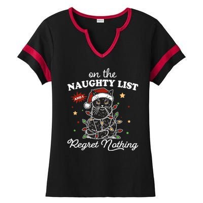 Funny Christmas Cat On The Naughty List And I Regret Nothing Ladies Halftime Notch Neck Tee