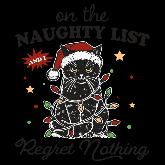 Funny Christmas Cat On The Naughty List And I Regret Nothing Mug
