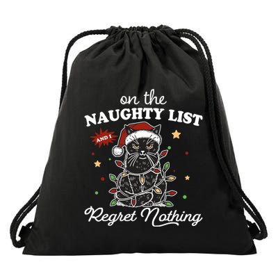 Funny Christmas Cat On The Naughty List And I Regret Nothing Drawstring Bag