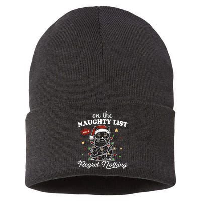 Funny Christmas Cat On The Naughty List And I Regret Nothing Sustainable Knit Beanie