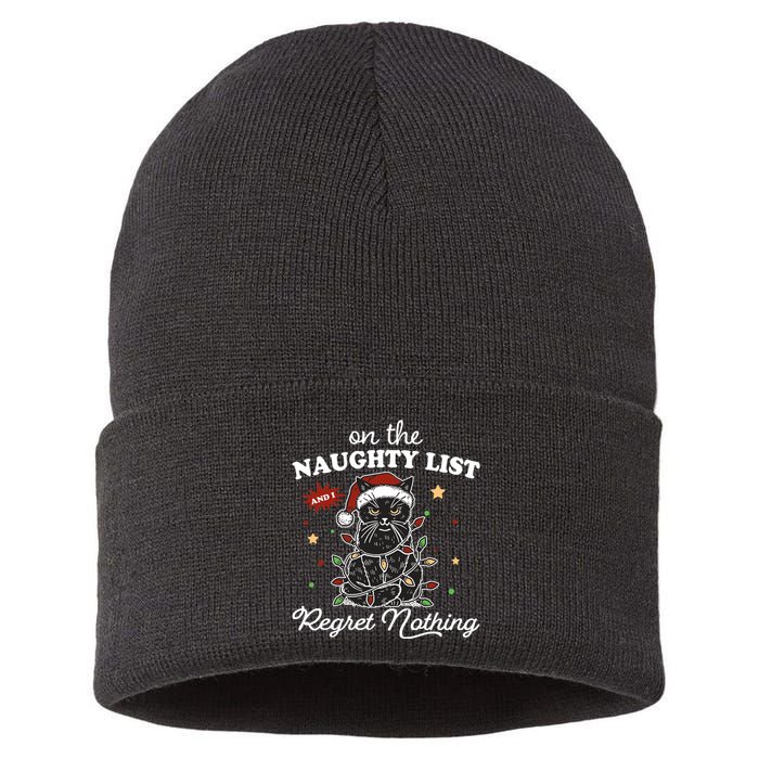 Funny Christmas Cat On The Naughty List And I Regret Nothing Sustainable Knit Beanie