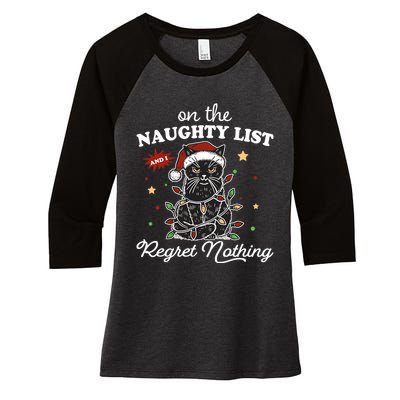 Funny Christmas Cat On The Naughty List And I Regret Nothing Women's Tri-Blend 3/4-Sleeve Raglan Shirt