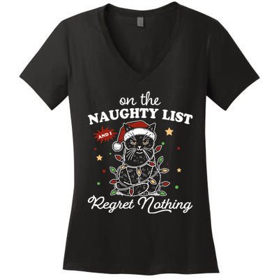 Funny Christmas Cat On The Naughty List And I Regret Nothing Women's V-Neck T-Shirt
