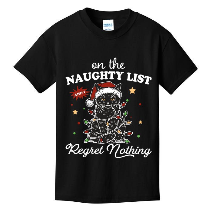 Funny Christmas Cat On The Naughty List And I Regret Nothing Kids T-Shirt