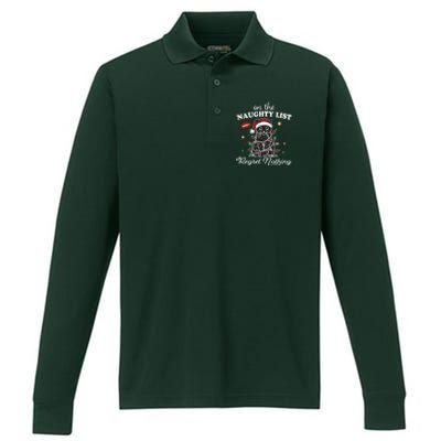 Funny Christmas Cat On The Naughty List And I Regret Nothing Performance Long Sleeve Polo