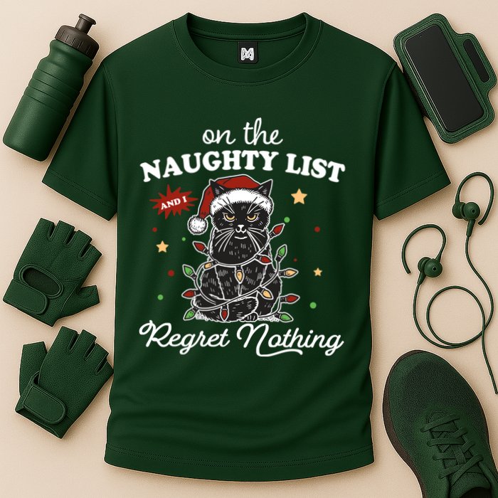 Funny Christmas Cat On The Naughty List And I Regret Nothing Performance Shirt