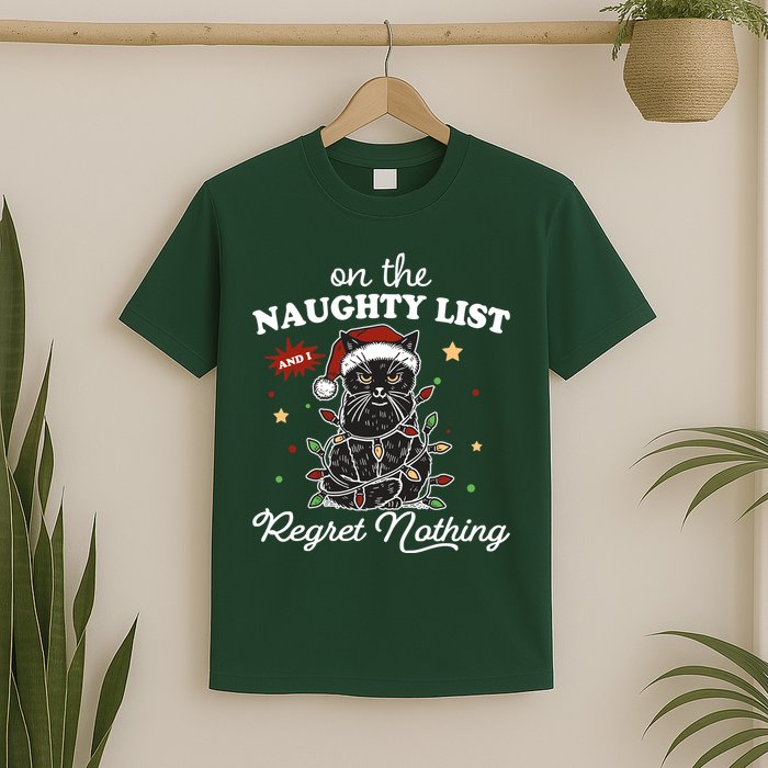 Funny Christmas Cat On The Naughty List And I Regret Nothing T-Shirt