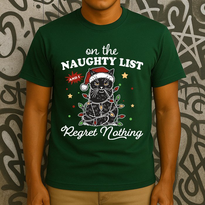 Funny Christmas Cat On The Naughty List And I Regret Nothing T-Shirt