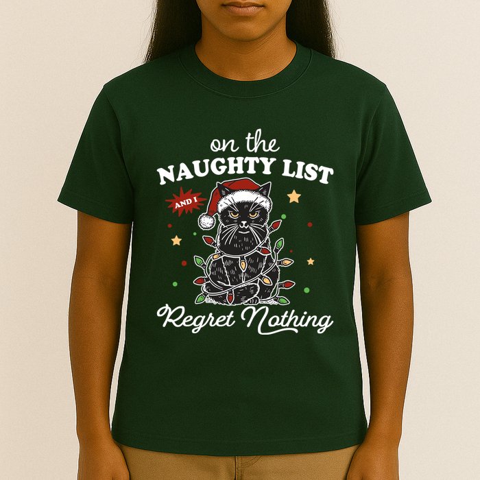 Funny Christmas Cat On The Naughty List And I Regret Nothing T-Shirt