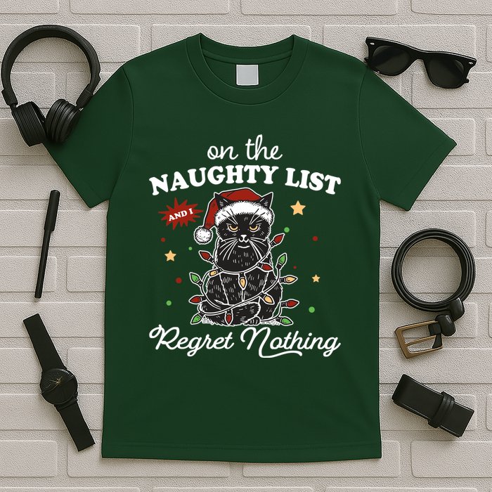 Funny Christmas Cat On The Naughty List And I Regret Nothing T-Shirt