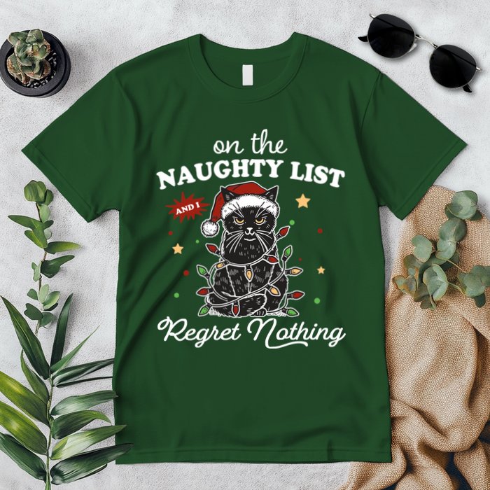 Funny Christmas Cat On The Naughty List And I Regret Nothing Premium T-Shirt