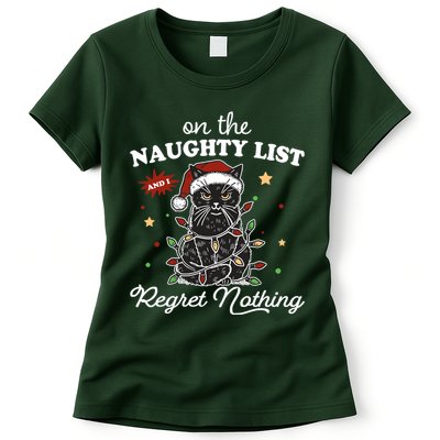 Funny Christmas Cat On The Naughty List And I Regret Nothing Womens T-Shirt