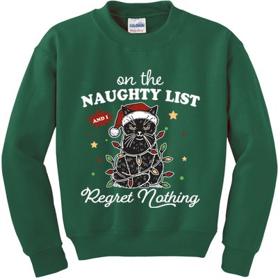 Funny Christmas Cat On The Naughty List And I Regret Nothing Kids Sweatshirt