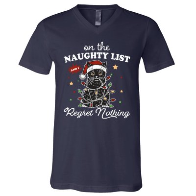 Funny Christmas Cat On The Naughty List And I Regret Nothing V-Neck T-Shirt