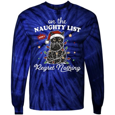 Funny Christmas Cat On The Naughty List And I Regret Nothing Tie-Dye Long Sleeve Shirt