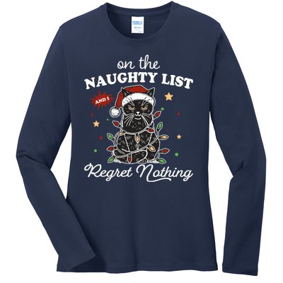 Funny Christmas Cat On The Naughty List And I Regret Nothing Ladies Long Sleeve Shirt