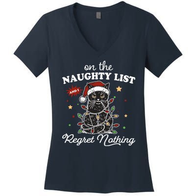 Funny Christmas Cat On The Naughty List And I Regret Nothing Women's V-Neck T-Shirt