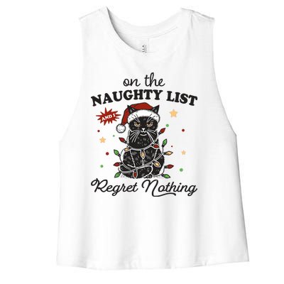 Funny Christmas Cat On The Naughty List And I Regret Nothing Women's Racerback Cropped Tank