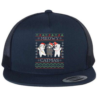 Funny Christmas Cat Matching Family Pajamas Meowy Catmas Flat Bill Trucker Hat