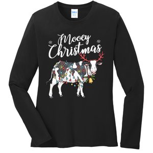 Festive Cow Christmas Lights Hilarious Holiday Decor Ladies Long Sleeve Shirt