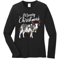 Festive Cow Christmas Lights Hilarious Holiday Decor Ladies Long Sleeve Shirt