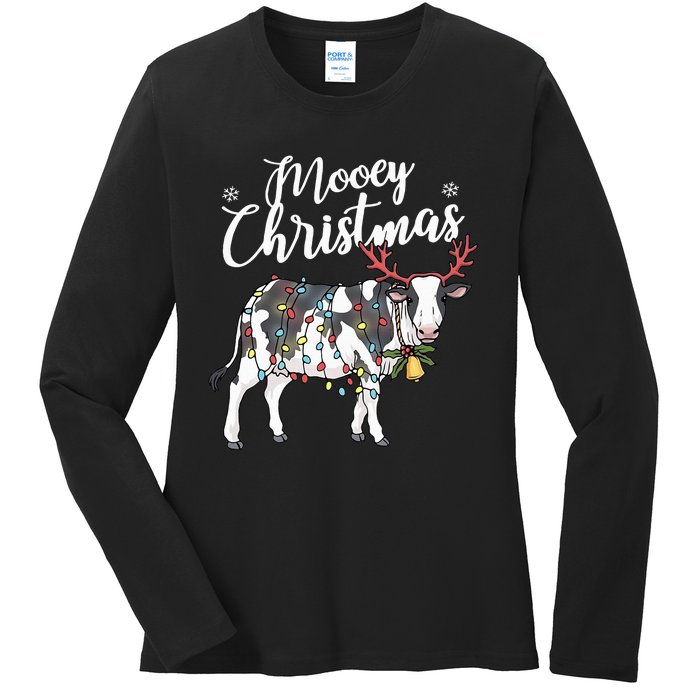 Festive Cow Christmas Lights Hilarious Holiday Decor Ladies Long Sleeve Shirt