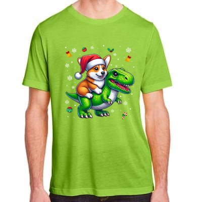 Funny Christmas Corgi Riding Dinosaur Santa Hat Snowflakes Gift Adult ChromaSoft Performance T-Shirt