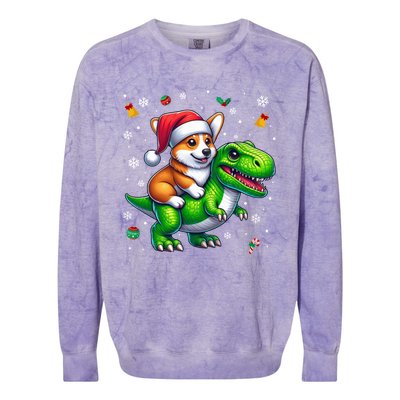 Funny Christmas Corgi Riding Dinosaur Santa Hat Snowflakes Gift Colorblast Crewneck Sweatshirt