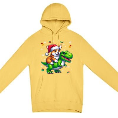 Funny Christmas Corgi Riding Dinosaur Santa Hat Snowflakes Gift Premium Pullover Hoodie