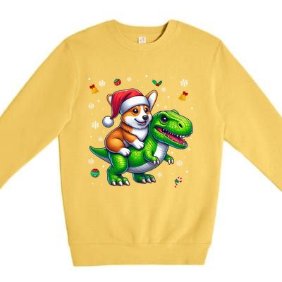 Funny Christmas Corgi Riding Dinosaur Santa Hat Snowflakes Gift Premium Crewneck Sweatshirt